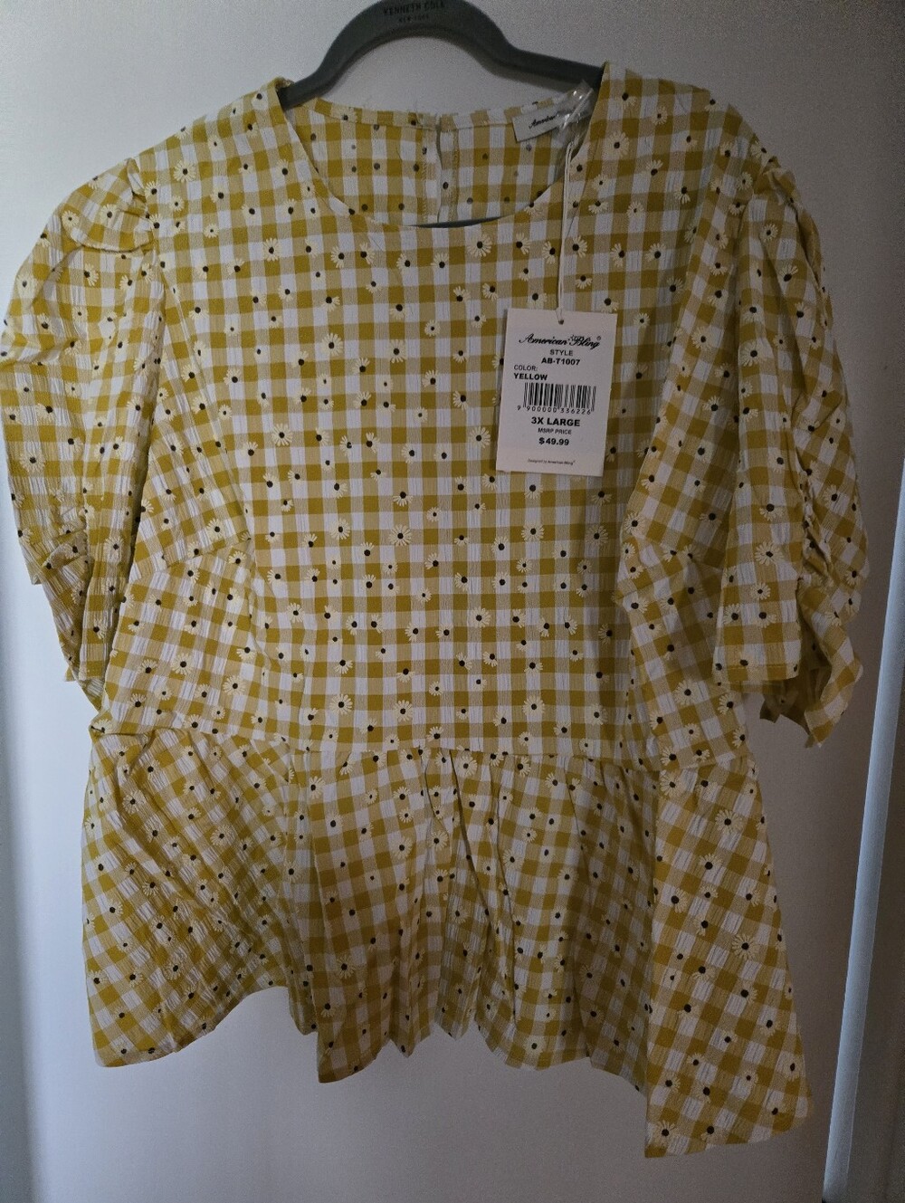 American Living Yellow Gingham Peplum Tunic with Dot Detail